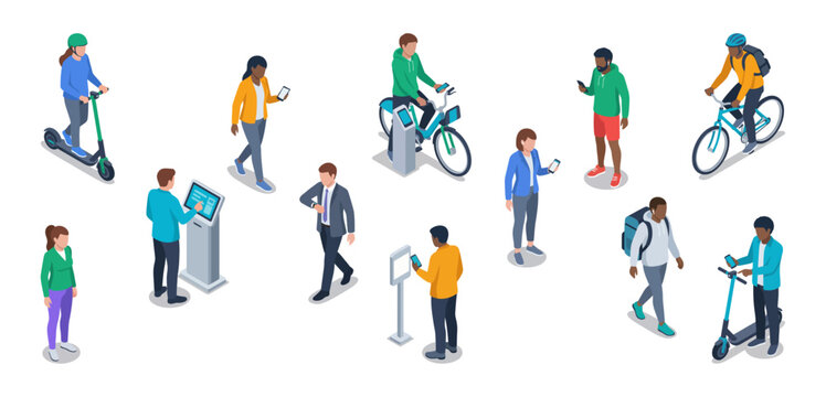 Smart mobility users set | Diverse citizens riding scooters and bicycles in city | Isometric vector illustration