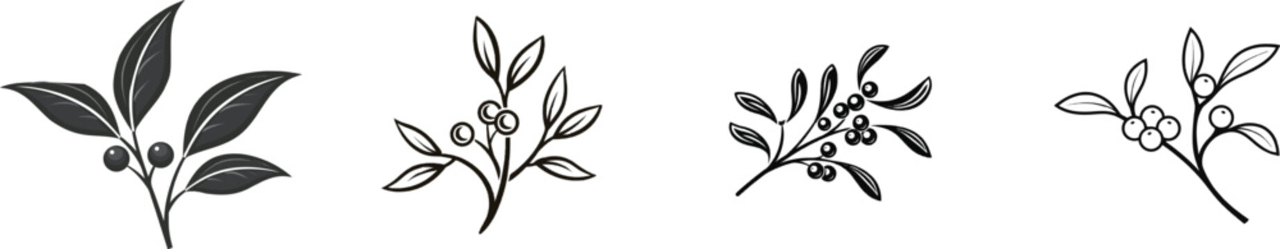 A minimalist black and white mistletoe sprig with round berries and bold graphic silhouette on a pure isolated white background