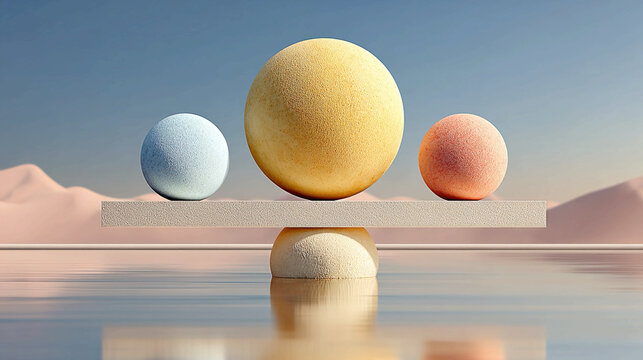 Balanced spheres on a stone scale with desert landscape background