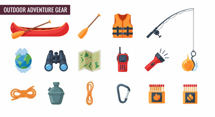 Outdoor adventure gear and equipment icons. © Agung