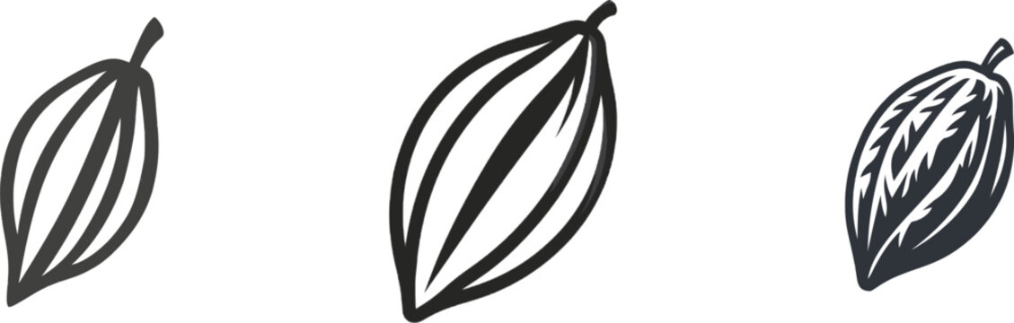 A bold graphic silhouette of a cocoa pod bean in solid black ink against a pure white background, vectorized for high contrast and clean sharp contours
