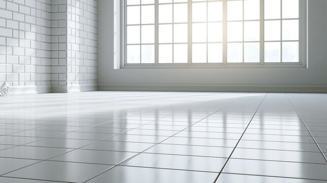 3d rendering of white tile floor in perspective, empty space or room, light from window. Modern interior home design of living room, look clean, bright, surface with texture pattern for background.