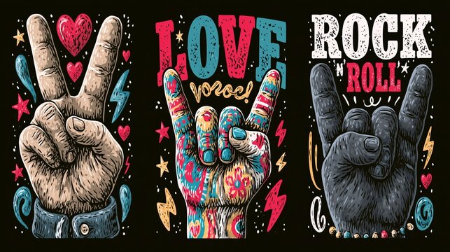 Stylized hand gestures representing peace, love, and rock 'n' roll with bold typography and Vintage doodle elements on a black background. Retro stickers, posters, music merch, vector graphic design 