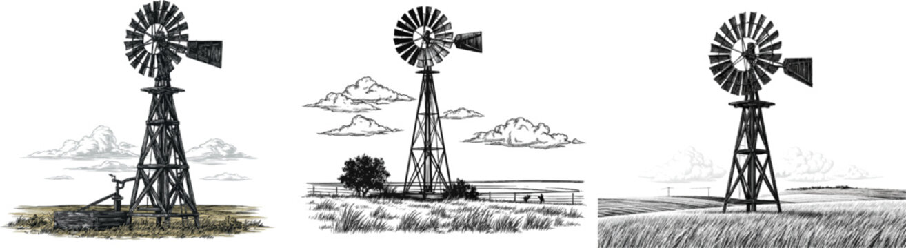 A meticulously crafted high-contrast engraving of an old-fashioned wind-powered water pump stands proudly in a rural field, showcasing exquisite fine lines and detailed wooden textures against a