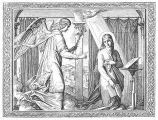 Fototapeta premium Annunciation angel Gabriel kneeling before Mary, dove hovering above with rays of light, old vintage illustration, 1899.