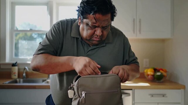 Noticing gray bag, man in green polo reaching, searching kitchen counter for white key fob