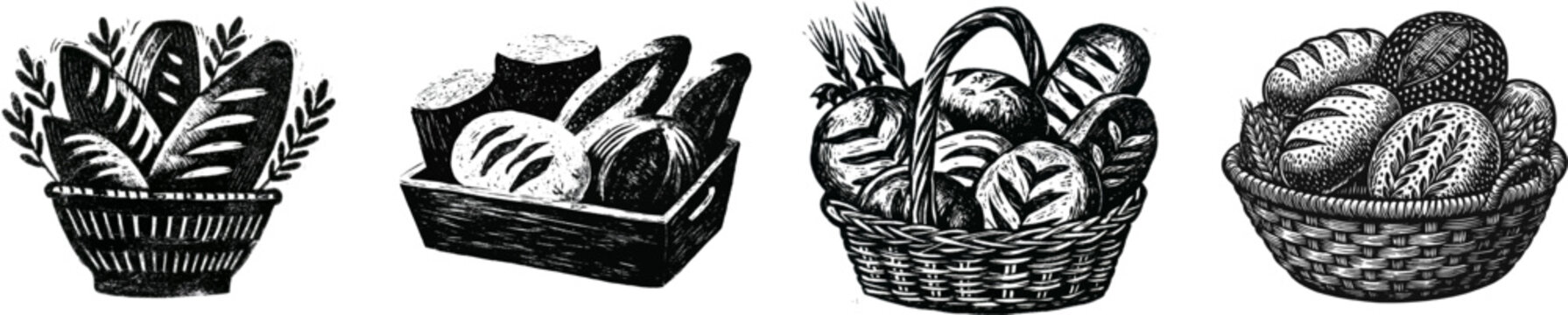 A rustic craft linocut illustration of a basket filled with artisanal bread loaves showcases thick ink application and raw hand-carved stamp textures against a pure white background