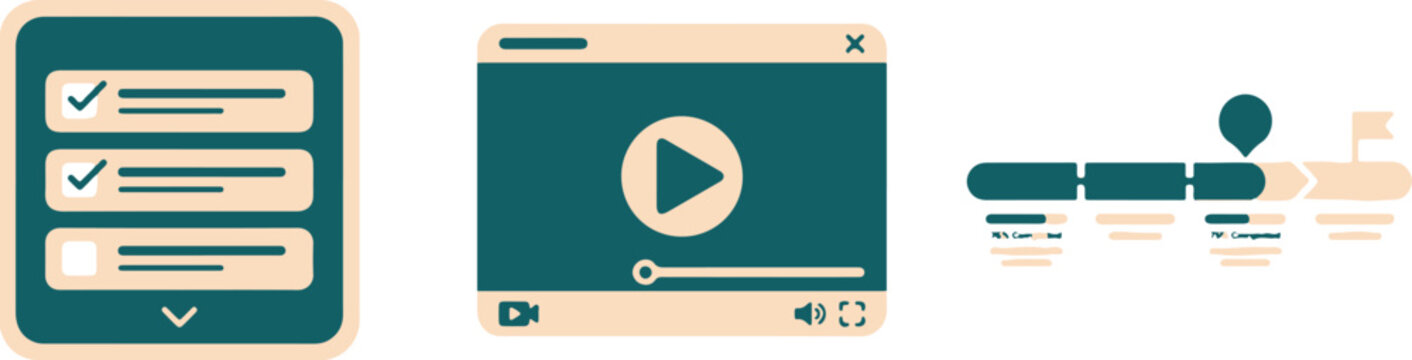 Vector UI icons, mobile app interface elements, web design symbols, play button, checklist, green and beige