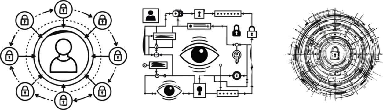 A professional descriptive sentence for the given context could be: Secure multi-layered encryption gates surround a user identity in this tech SaaS data protection wireframe, featuring sharp