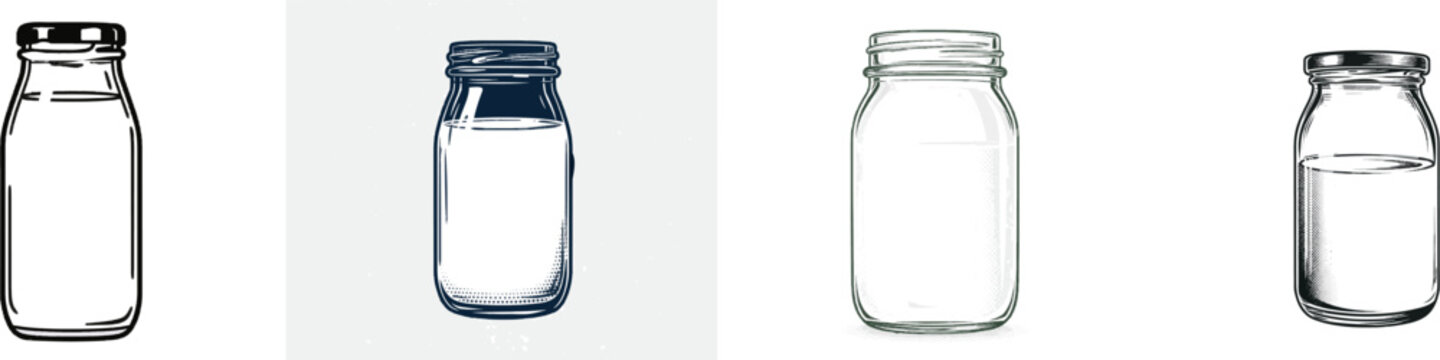 A vintage halftone illustration of a classic glass jar filled with fresh milk, showcasing high-contrast dot matrices for liquid volume definition and clean glass reflections against a white background