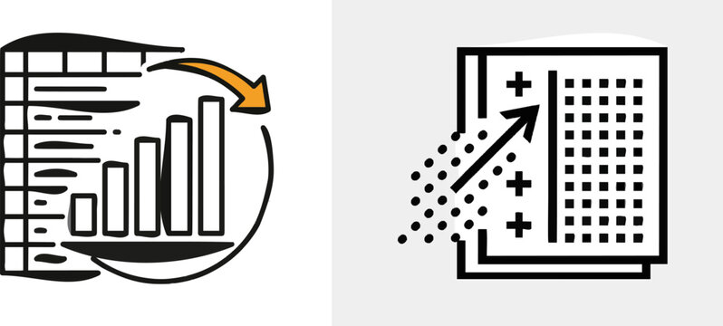A minimalist B2B tech schematic illustrates a spreadsheet data pivot matrix icon transforming into a compact summarized chart with clean geometric lines and distinct sharp borders against a white