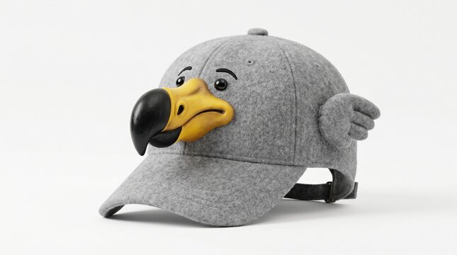 A grey felt baseball cap featuring a 3d dodo bird face and wings