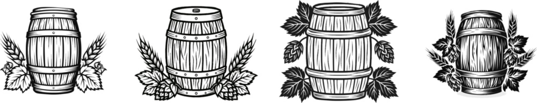 A traditional linocut art piece showcases a classic craft beer keg surrounded by stylized hops and barley leaves, featuring distinct carved lines, high contrast, sharp silhouettes against a pure