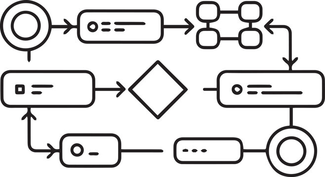 Minimalist black and white vector illustration showing a complex flowchart diagram with various geometric shapes connected by directional arrow lines