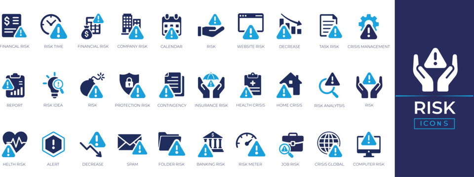 Risk solid icon set. essential vector symbols for business, finance, health, accounting, analysis, investment, schedule, and productivity safety checks. professional ui elements.
