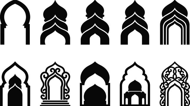 Islamic arch frames and portal silhouettes for ramadan kareem and eid mubarak festive design.