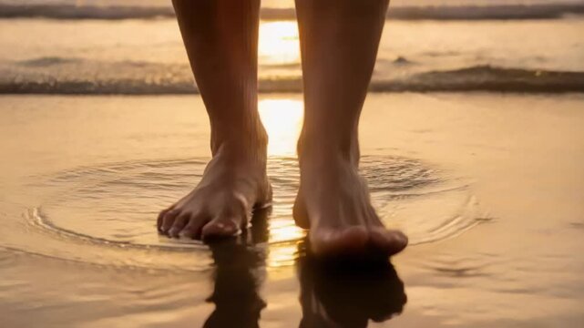 Shifting weight, barefoot adult walking slowly along wet shoreline, with sun reflection and ripples