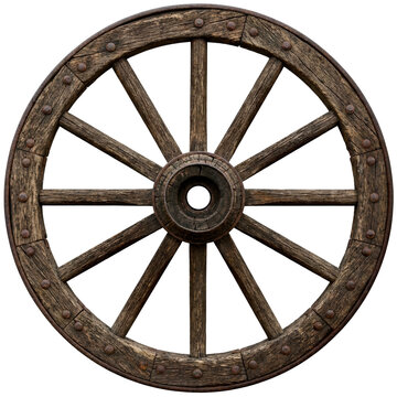 Old wooden wagon wheel shows details of craftsmanship, design, and history in a rural setting on a transparent background