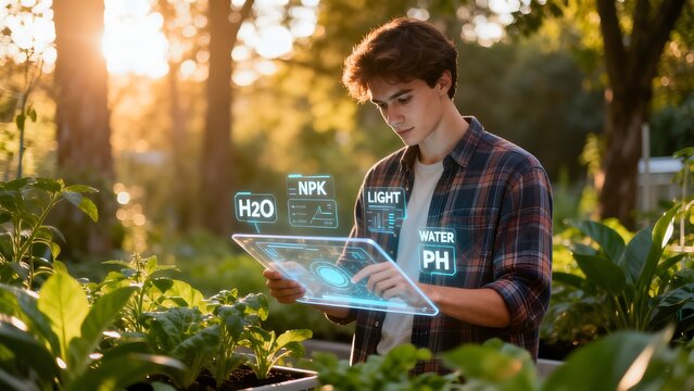 Young man using tablet in garden with data overlays