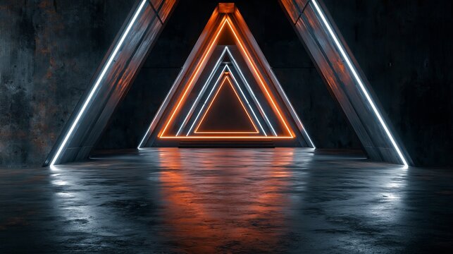 Sci Fi Modern Triangle Neon Lasers Futuristic Angular Cement Dark Alien Spaceship Room Tunnel Corridor Orange White Concrete Rough Grunge Studio Garage Hangar White Lights 3D Rendering Illustration