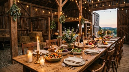 Fototapeta premium Long wooden table set and decorated for communal dinner with candles and floral centerpieces inside rustic barn at sunset