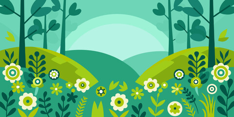 Green landscape scene with stylized trees and floral elements vector illustration © Ruhidas