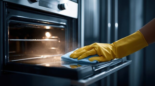 Cleaning a dirty oven interior with a blue cloth and yellow gloves. A person wearing yellow protective gloves wipes down the inside of modern oven with blue microfiber cloth, removing grime and grease