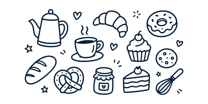 Hand-drawn cafe coffee and bakery element doodle set vector illustration on white background