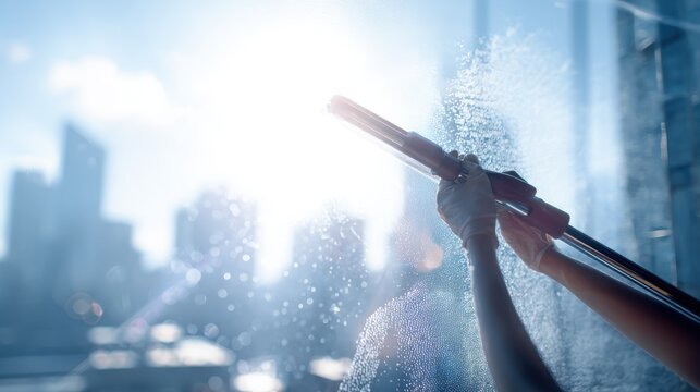 Professional window cleaner using squeegee on high-rise building against bright sky. Hands in gloves cleaning large window with squeegee tool, creating soapy water streaks bubbles with city buildings