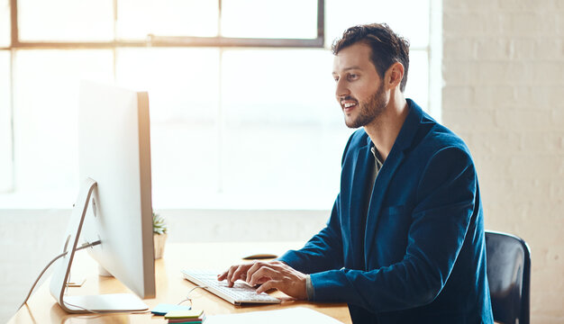 Review, reading or man in newsroom with computer, draft edit or source feedback for article update. Digital, press or journalist in office with tech, fact check or industry research for publication.