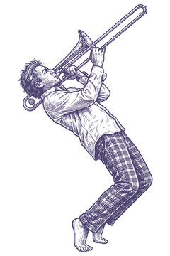 Vector engraving illustration of an expressive barefoot man in plaid pants bending backwards while passionately playing the trombone.