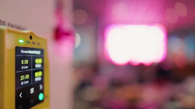 Kiosk touchscreen displaying numeric options with blurred crowd background and sharp focus