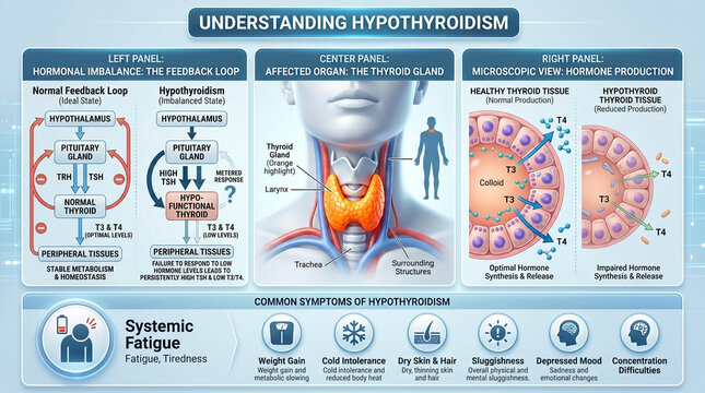 Hypothyroidism infographic showing thyroid gland and hormone loop