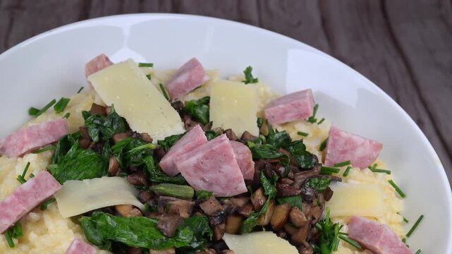 A bowl contains a serving of mushroom and spinach risotto. On top are pieces of Morteau sausage and parmesan cheese. The dish is placed on a wooden surface.