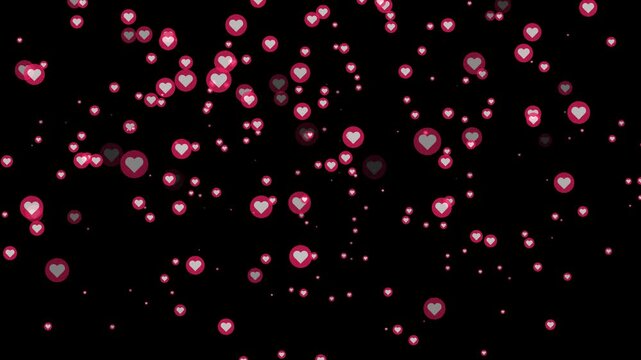 Red heart fountain fly up animation on black background. Flying hearts love- Floating fountain of red hearts love button emoji animation. 4K video
