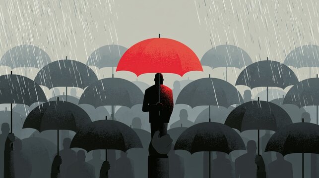 Hand holding umbrellas. One man with red umbrella around group of grey ones. Idea of individuality. Isolated  illustration in cartoon style