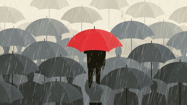 Hand holding umbrellas. One man with red umbrella around group of grey ones. Idea of individuality. Isolated  illustration in cartoon style