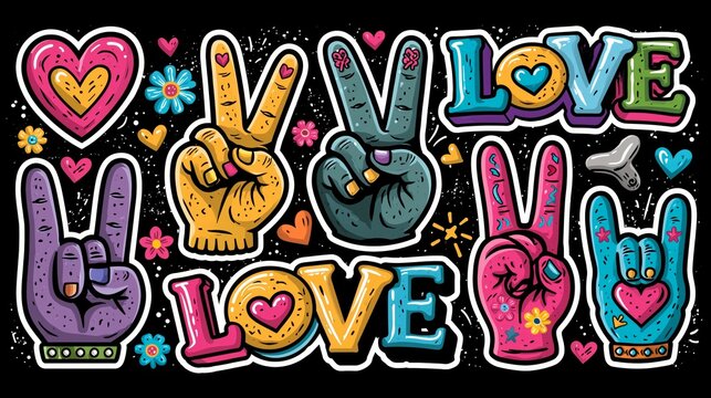 Stylized hand gestures representing peace, love, and rock 'n' roll with bold typography and Vintage doodle elements on a black background. Retro stickers, posters, music merch, vector graphic design 