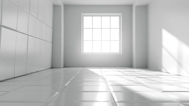 3d rendering of white tile floor in perspective, empty space or room, light from window. Modern interior home design of living room, look clean, bright, surface with texture pattern for background.