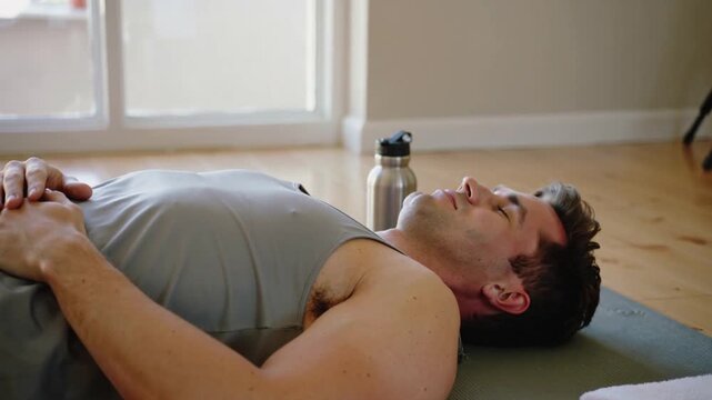 Settling onto mat, man in athletic wear breathing slowly for cool-down at home, water bottle towel