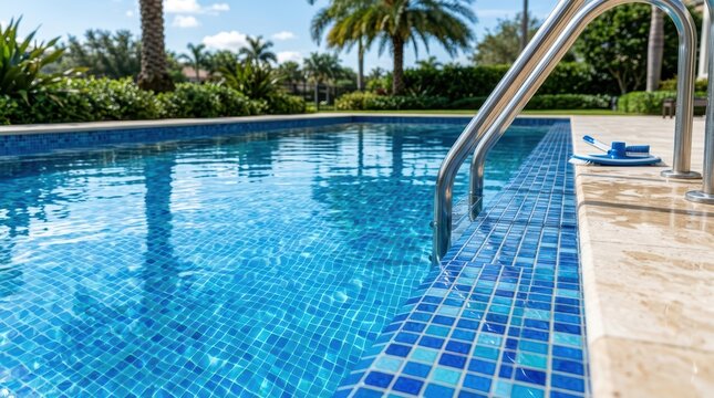 Outdoor swimming pool with metal handrail and tiled coping beside palm trees and manicured garden