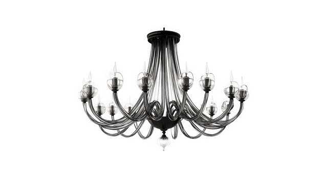 Luxurious black metal chandelier with clear bulbs on transparent background