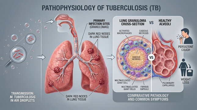 Tuberculosis Pathophysiology Diagram Showing Lung Infection Process