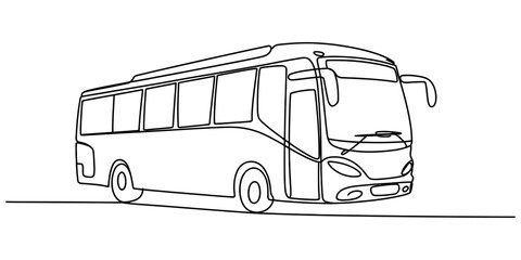 Line art illustration of modern passenger bus driving on empty road in minimalist style © Jagonnath