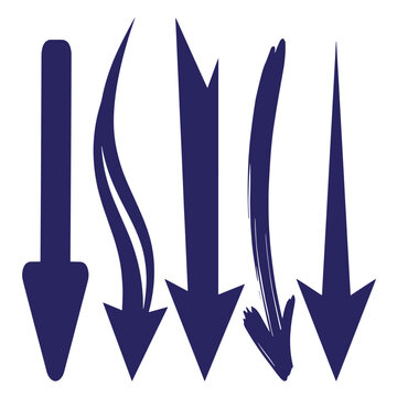 Vertical collection of long dark blue down arrows with unique stylistic variations like wavy jagged brushstroke user interface user experience direction collection