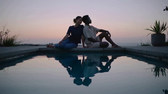 Watching sunset, couple leaning together at pool edge, wearing dark top and light shirt, reflecting