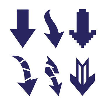 Creative set of dark blue down arrows with stylized designs including pixelated fragmented broken layered effects user interface user experience direction collection
