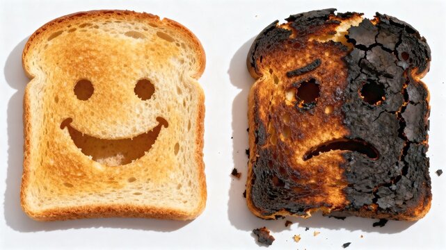 Conceptual comparison of perfectly toasted bread with a smiley face versus burnt charred toast with a sad face on white background