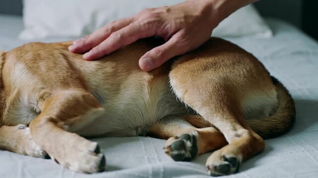 Hand reaching from right stroking tan shorthaired dog on bed, soothing with gold ring, collar tag