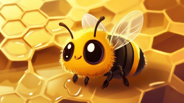 A cute, cartoonish bee on honeycomb, emphasizing the importance of bees in nature.